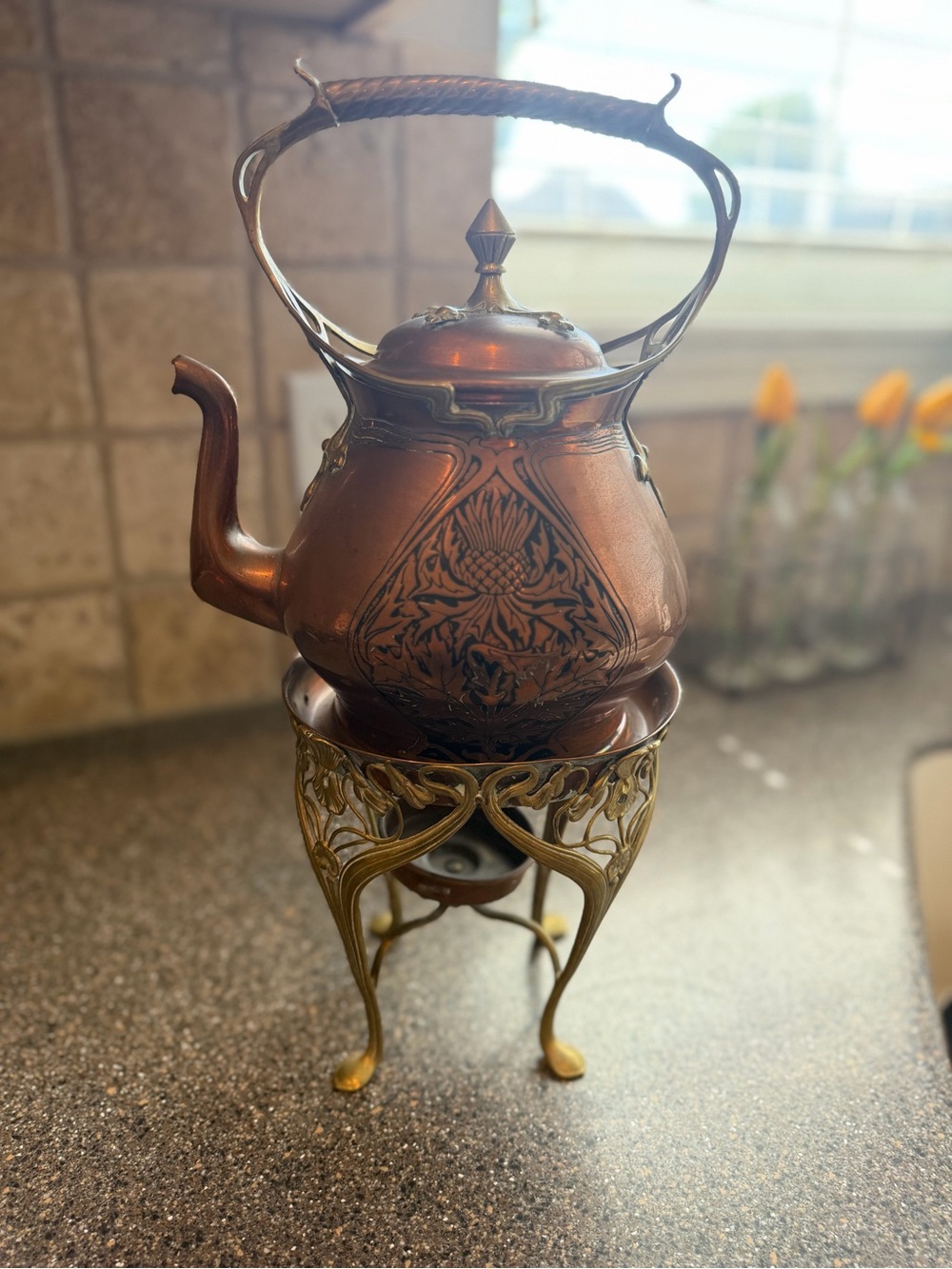 Antique Copper Brass Art Nouveau Thistle Kettle & Stand Carl Deffner Attributed